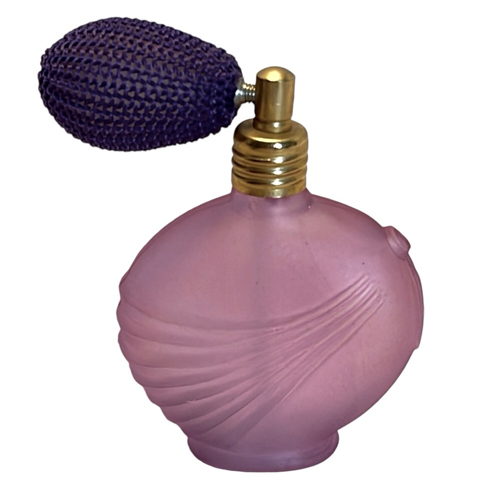 Frosted Pink Perfume Bottle with Purple Atomizer. Pre owned
